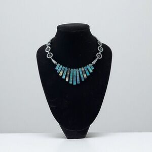 Statement Blue Abalone Inlay Fan Necklace – Modern Boho Artisan Style